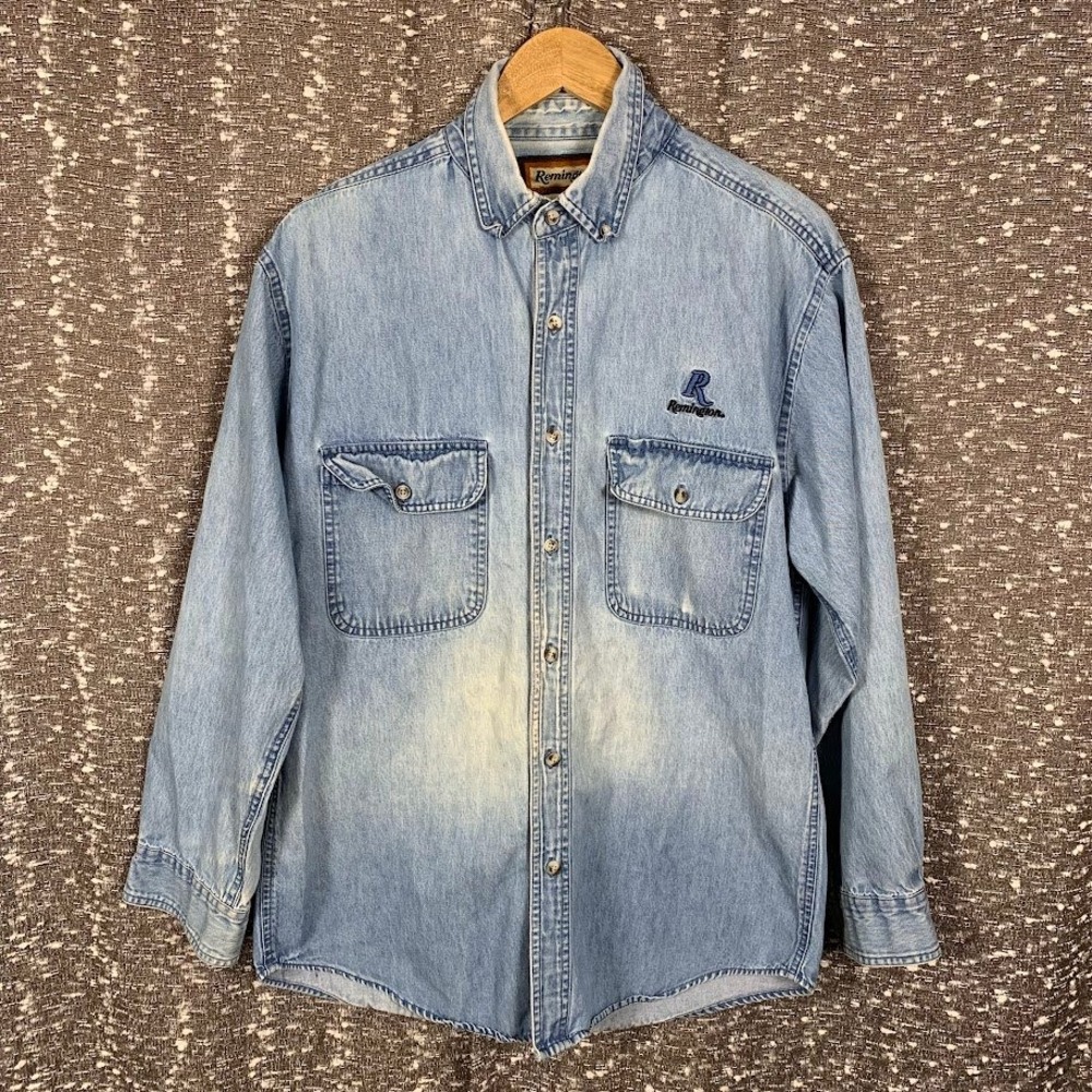 Remington Mens Vintage Denim Button Down Shirt Light Wash Distressed Large L